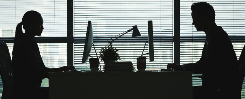 Silhouetted financial analyst and accountant working across from each other at a shared desk