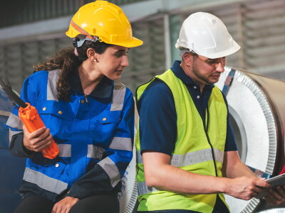 Four employees in hard hats and hi-vis clothing examine a work document.
