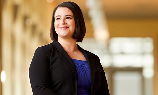 Marquette student in blue blouse and black business jacket