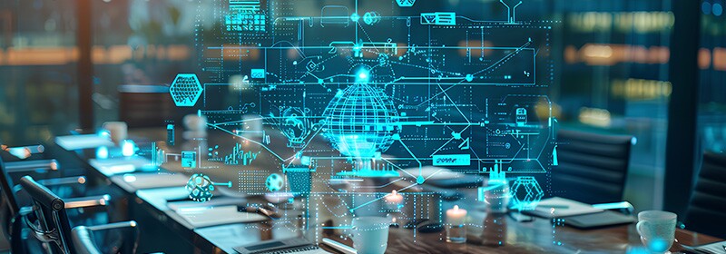case study on artificial intelligence in agriculture AI graphics hover above a conference room table