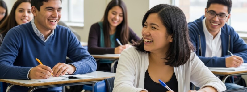 Several students enjoy a class discussion together.
