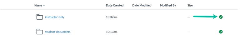 A screenshot of two Canvas folders titled "instructor-only" and "student-documents." Both folders are marked with a green circle containing a checkmark, indicating that they are published.