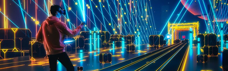 Person using VR headset in a neon-lit virtual environment, illustrating gamification and immersive game-based learning experiences.