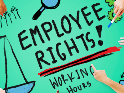 Employee rights banner with doodles