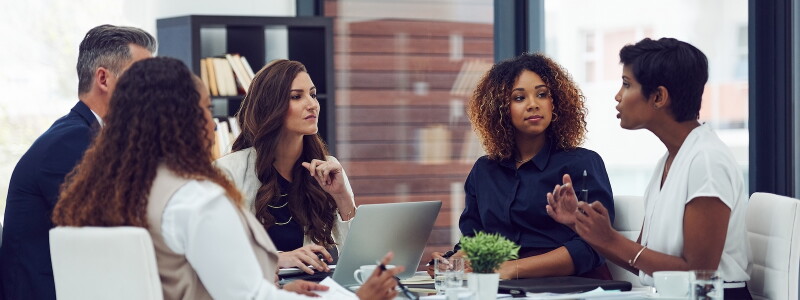 In a meeting, five health policy professionals discuss strategy and budgets.