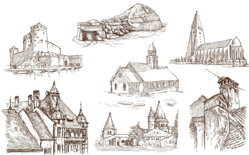 pencil drawings of different historical structures