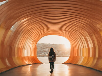 Woman walks down a tunnel toward a city bathed in sunlight.