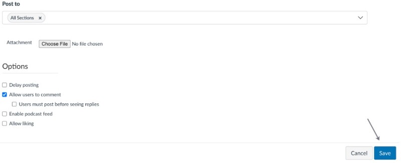 A screenshot of the settings and save button for an announcement