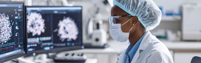 female scientist in a lab looking at viruses on a screen