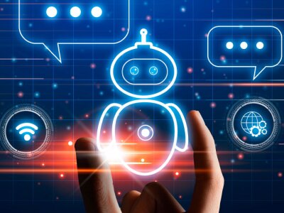 Concept of fingers holding a glowing icon for a Chat bot.