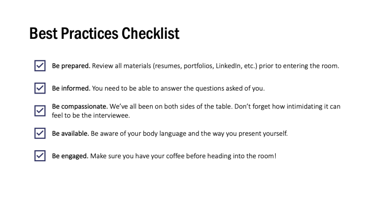 PowerPoint slide titled "Best Practices Checklist" featuring a checklist with checkmark icons.