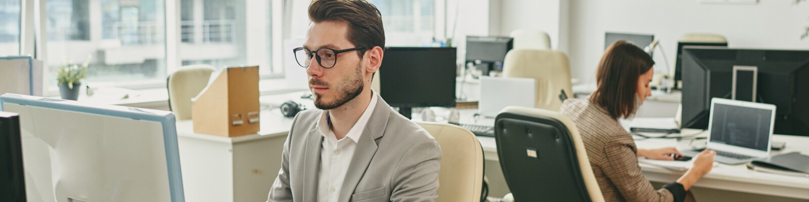 Professional works on computer in law office