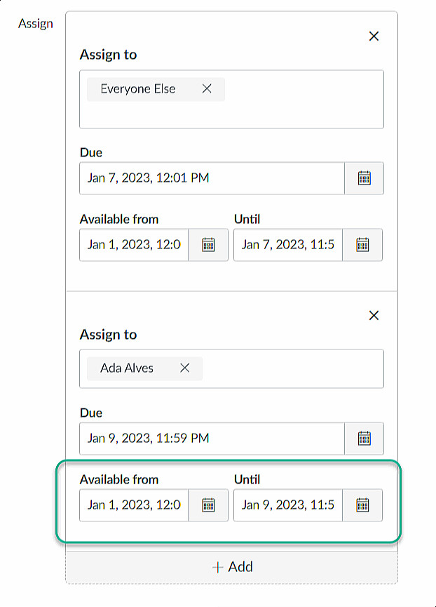 A screenshot of the "Available from" and "Until" fields in the settings for a quiz