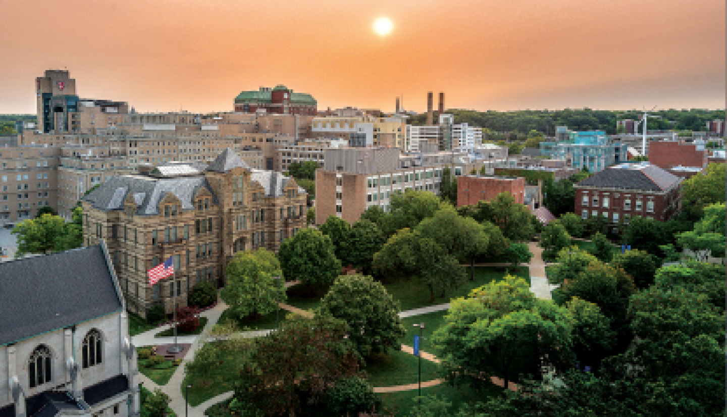 Aerial view of the CWRU campus grounds at dusk.
