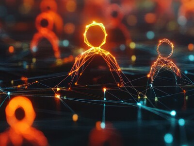 A digital illustration of interconnected human-like figures made of glowing lines and nodes, symbolizing data networks and customer behavior analysis