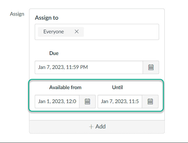 A screenshot of the "Available from" and "Until" fields in the settings for an assignment