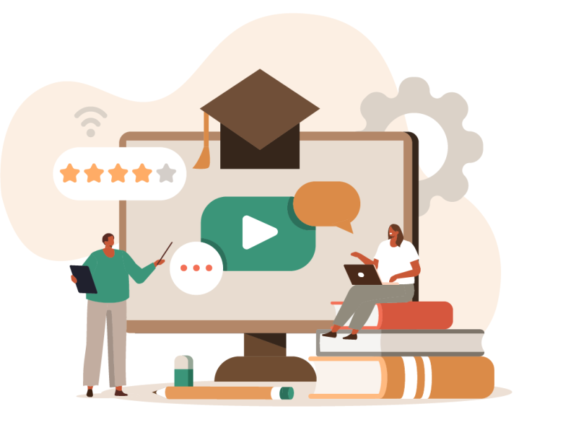 Two people engaging with books, a monitor, and other symbols of online learning