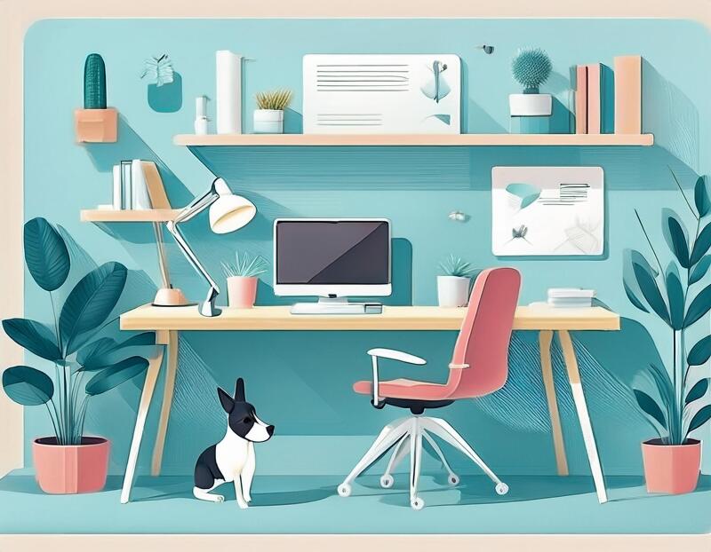 A home office with a small dog beneath the desk