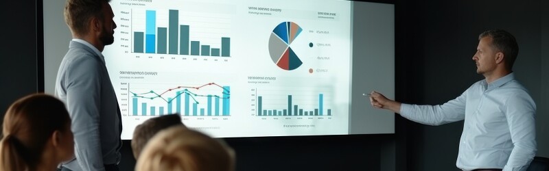 people in a room looking at data on a digital whiteboard