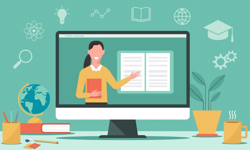 A teacher on a computer screen, teaching an online course.