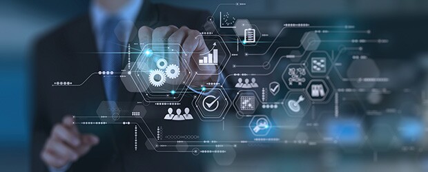 A businessman's hand working with virtual innovation operations management