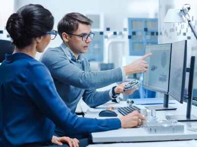 Two engineers collaborating in a modern lab, reviewing 3D mechanical designs on dual monitors while discussing a prototype part.