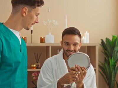 Man in robe smiling at mirror with male holistic nurse in green scrubs standing beside him in a wellness center.