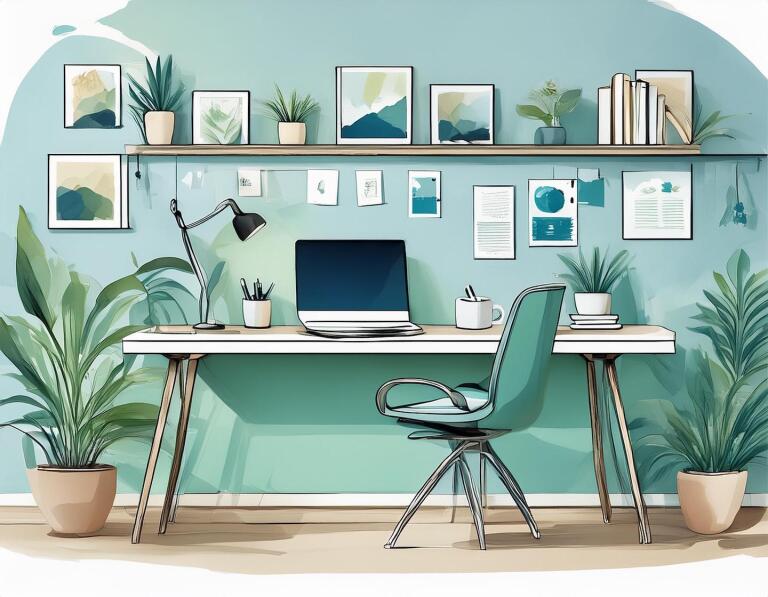 A home office with plants and framed photographs
