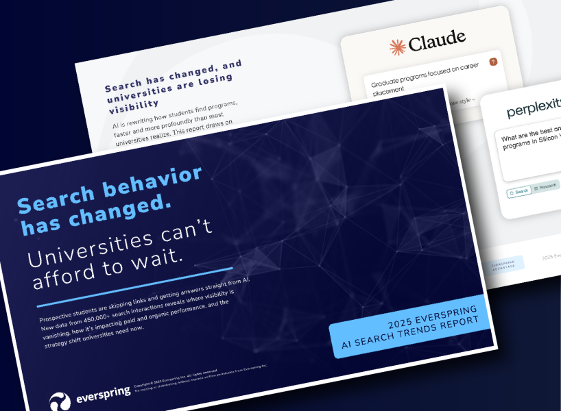 Promotional graphic for the 2025 Everspring AI Search Trends Report with headline ‘Search behavior has changed. Universities can’t afford to wait.’