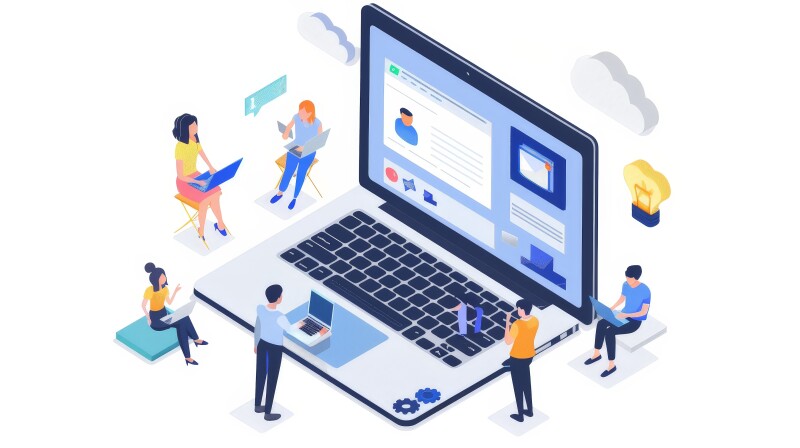 A group of people surrounding a laptop