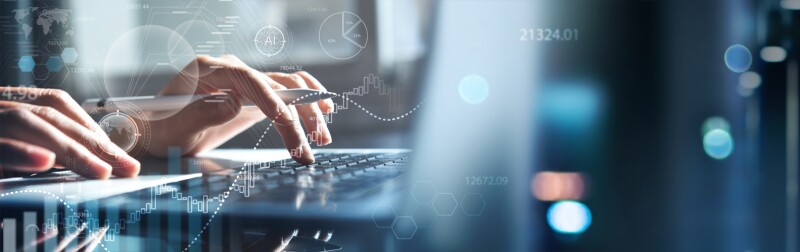 Data scientist, Programmer using laptop analyzing financial data on futuristic virtual interface.