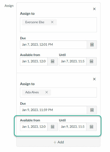 A screenshot of the "Available from" and "Until" fields in the settings for an assignment