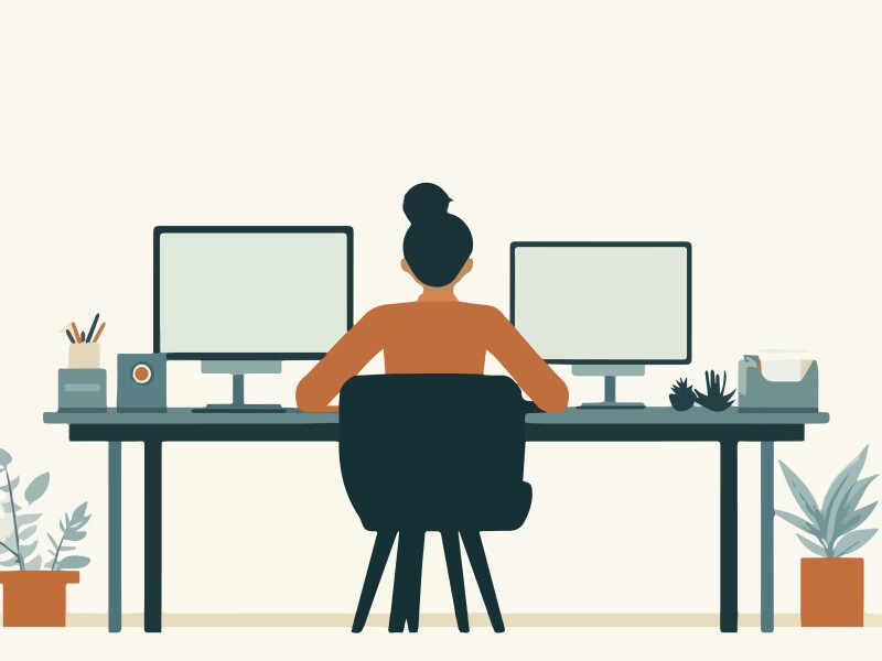 A woman sitting at a desk with two monitors