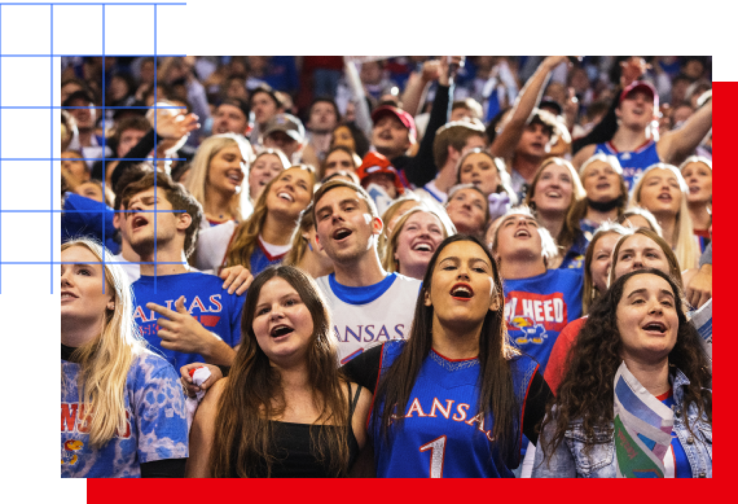 A close-up shot of KU students cheering at a KU basketball game.