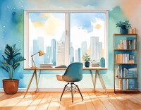 An office with a desk and a bookshelf