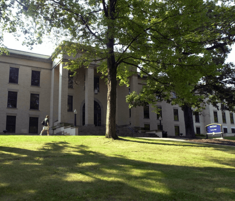 Exterior of building and lawn on Kent State campus