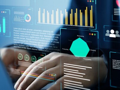A businessman using KPI dashboard with AI technology.
