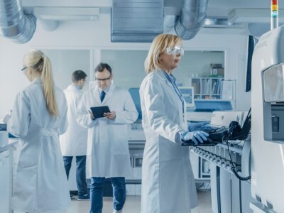 Team of Bioengineers Working On Computer, Analyzing Genetic Material Samples with Special Machines in the Modern Laboratory.