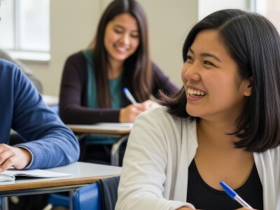 Several students enjoy a class discussion together.