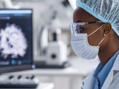 female scientist in a lab looking at viruses on a screen