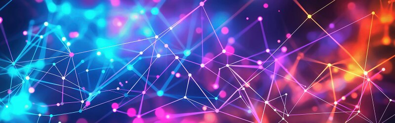 Abstract visualization of neural networks with glowing connected nodes and lines in vibrant blue, pink, and orange colors.