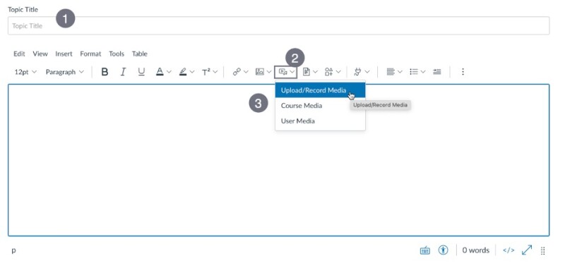 A screenshot of the Topic Title field for an announcement and the Rich Content Editor button for inserting media