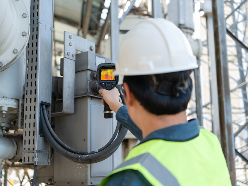Engineer uses a thermal imaging camera to inspect industrial equipment.