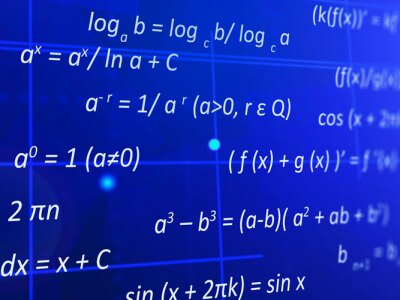 The blue screen shows the basic formulas of modern mathematics.
