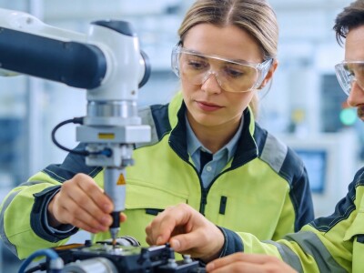 Two engineers working with a robotic arm