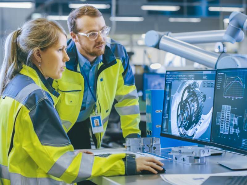 Two mechanical engineers reviewing schematics on a computer screen.