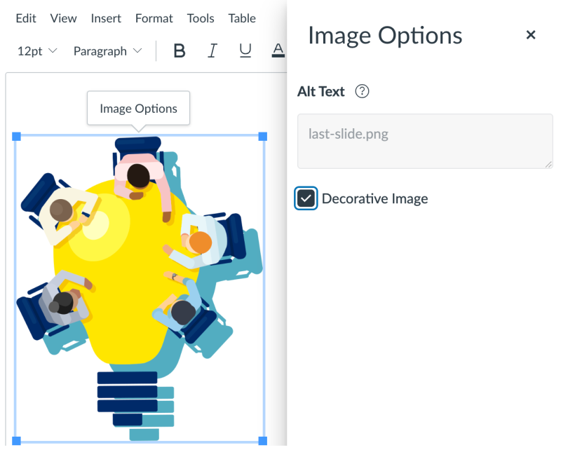 Marking an image as decorative in the Canvas Rich Content Editor.