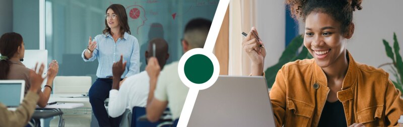 Left: Image of students attending a college lecture in classroom, Right: Young female taking an online course.