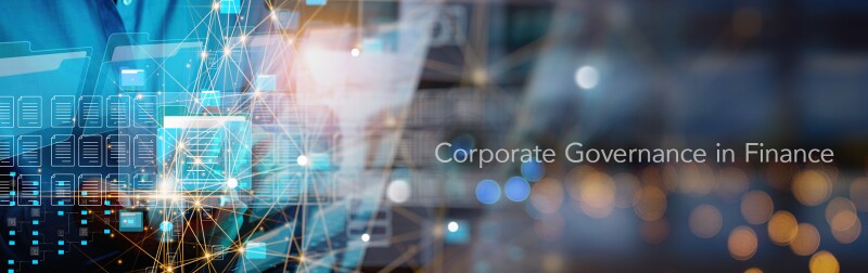 A background of computer graphics behind the phrase "Corporate Governance in Finance"