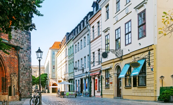 Row of houses on quiet city street in Berlin, Germany